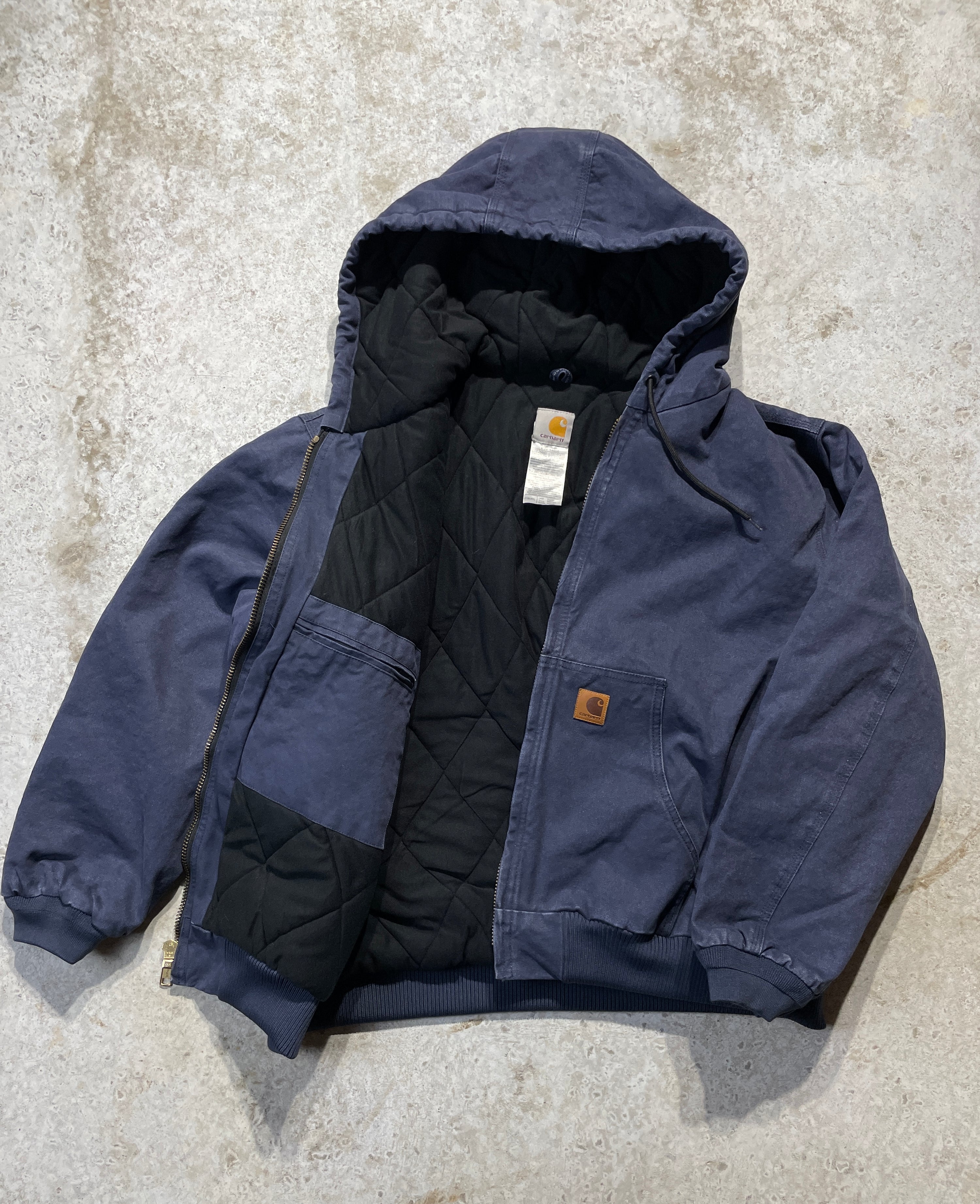 90s Dark Blue Carhartt Jacket with Hood (Large)