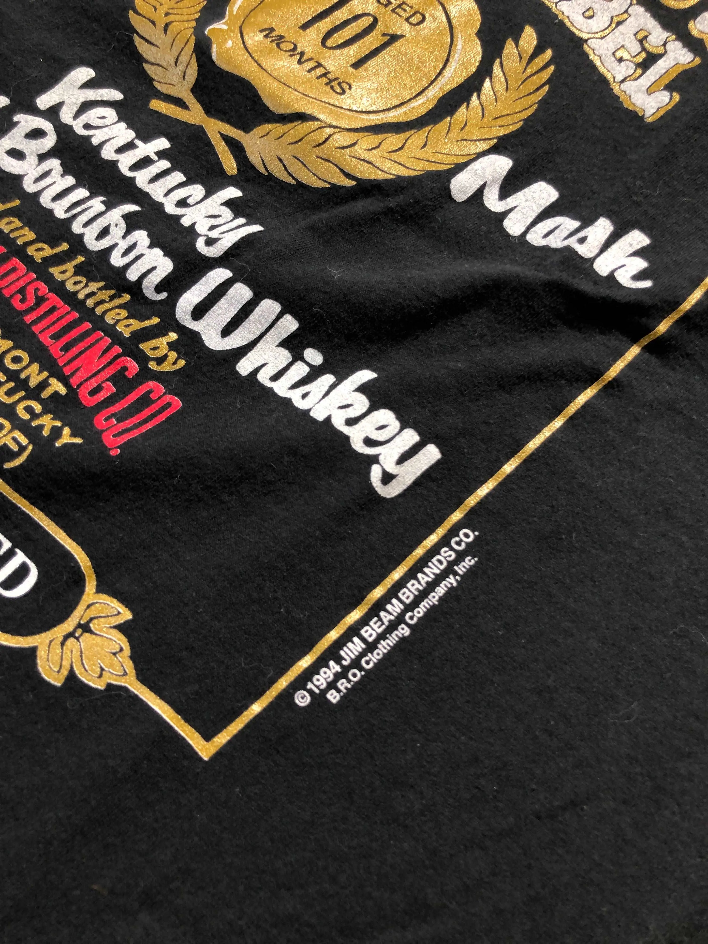 Vintage black 1994 Jim Beam Black Label Whisky tee with gold and white graphic print.