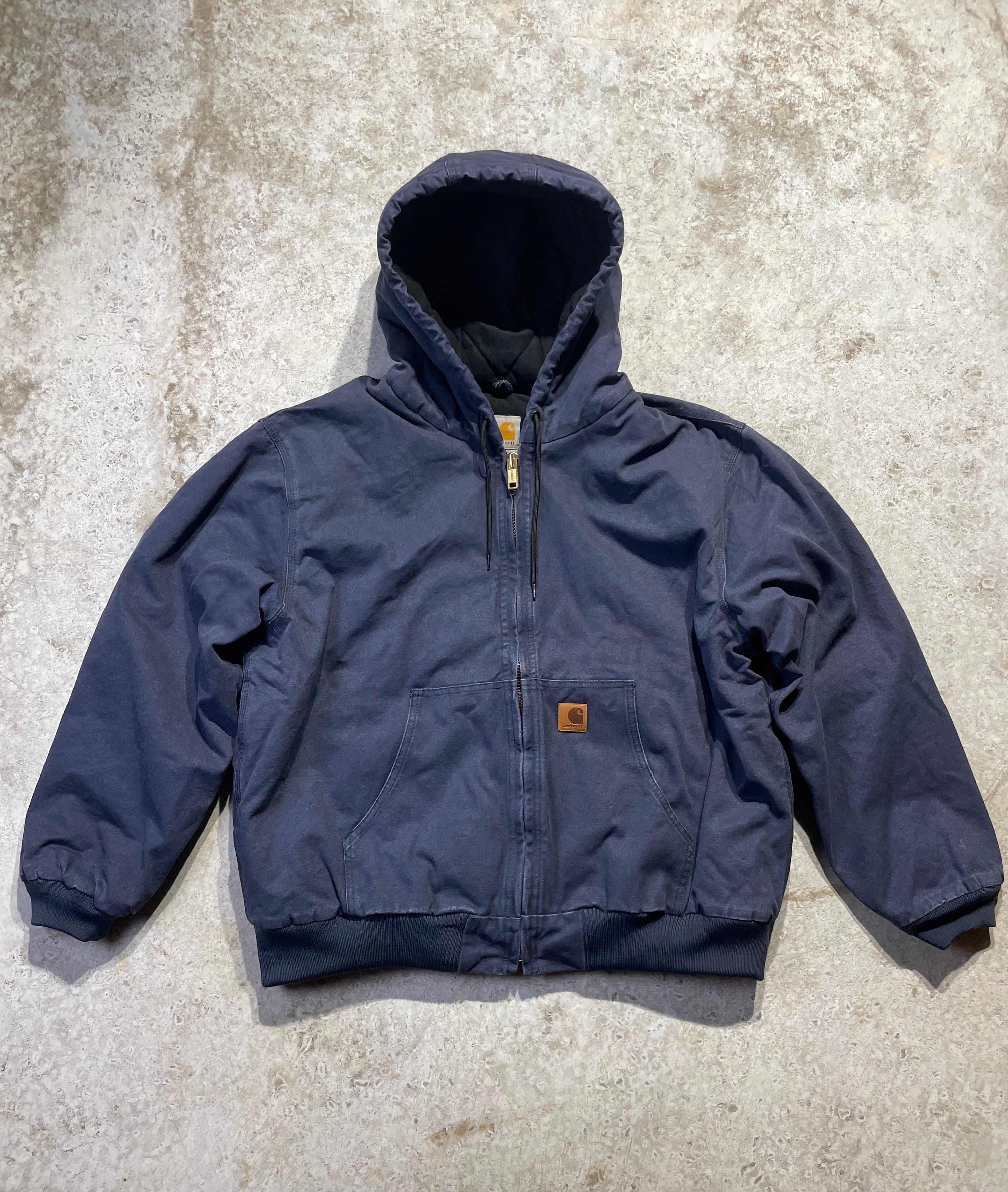 90s Dark Blue Carhartt Jacket with Hood (Large)