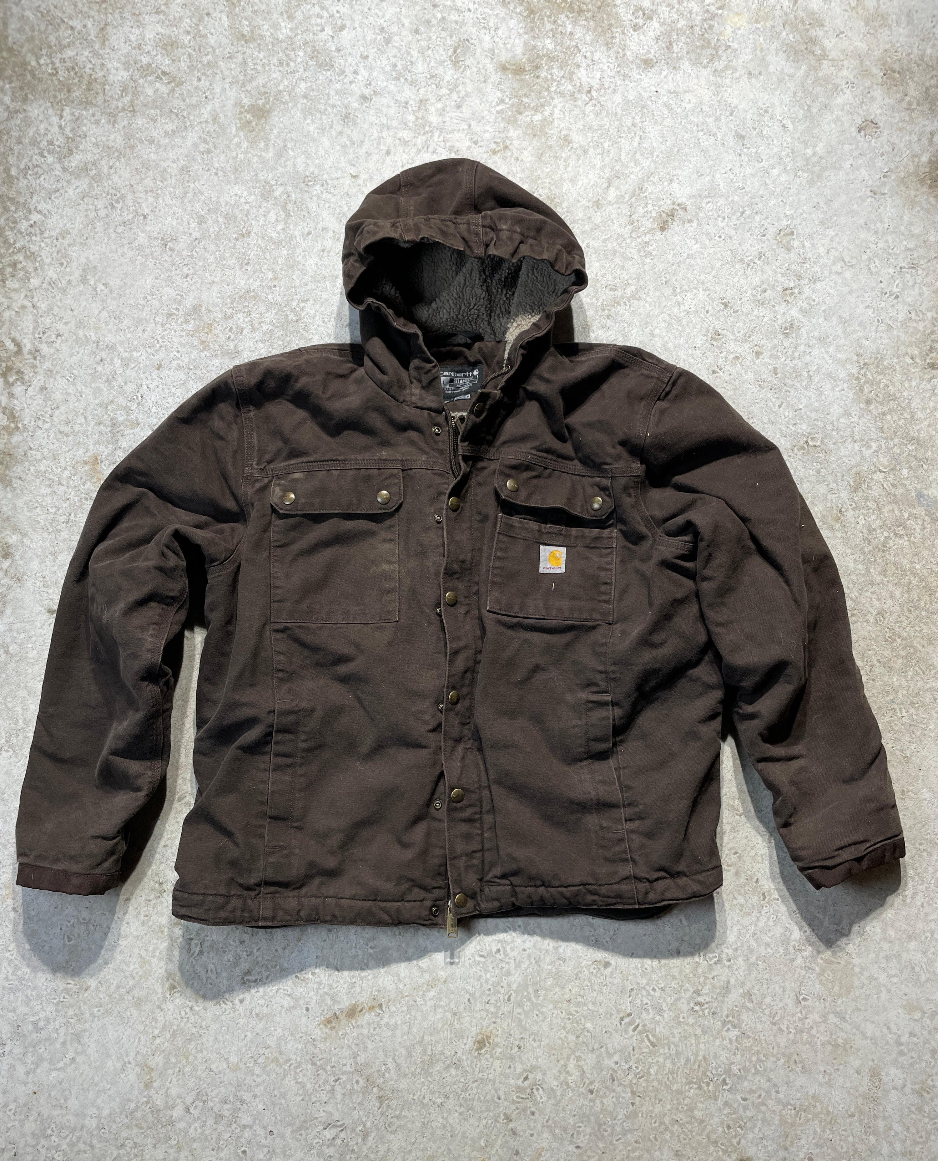 2000s Brown Sherpa Lined Carhartt Jacket with Hood (Large)