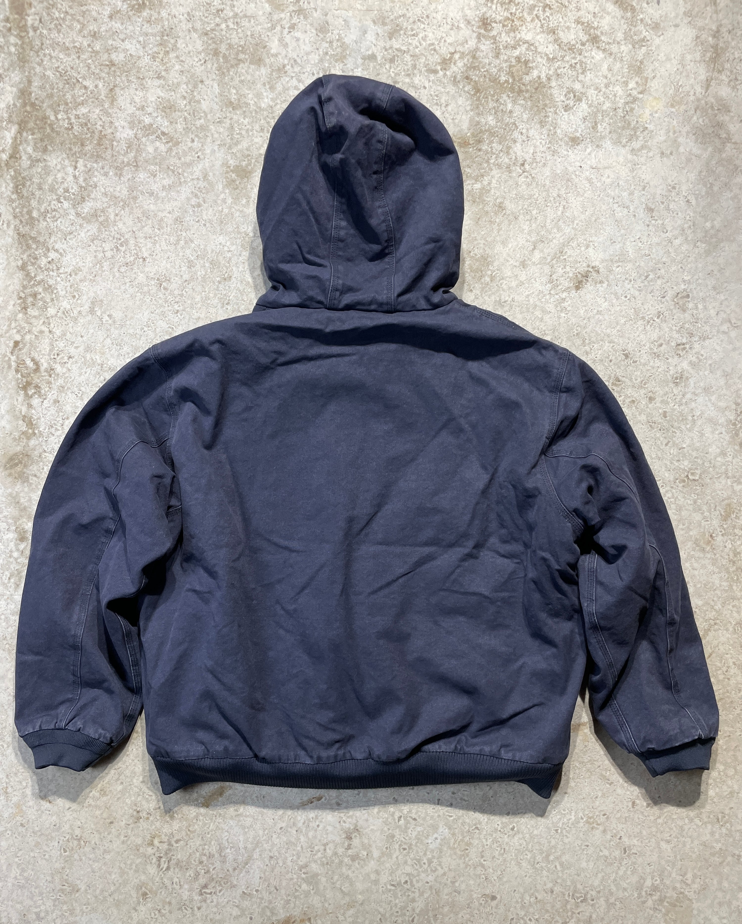 90s Dark Blue Carhartt Jacket with Hood (Large)