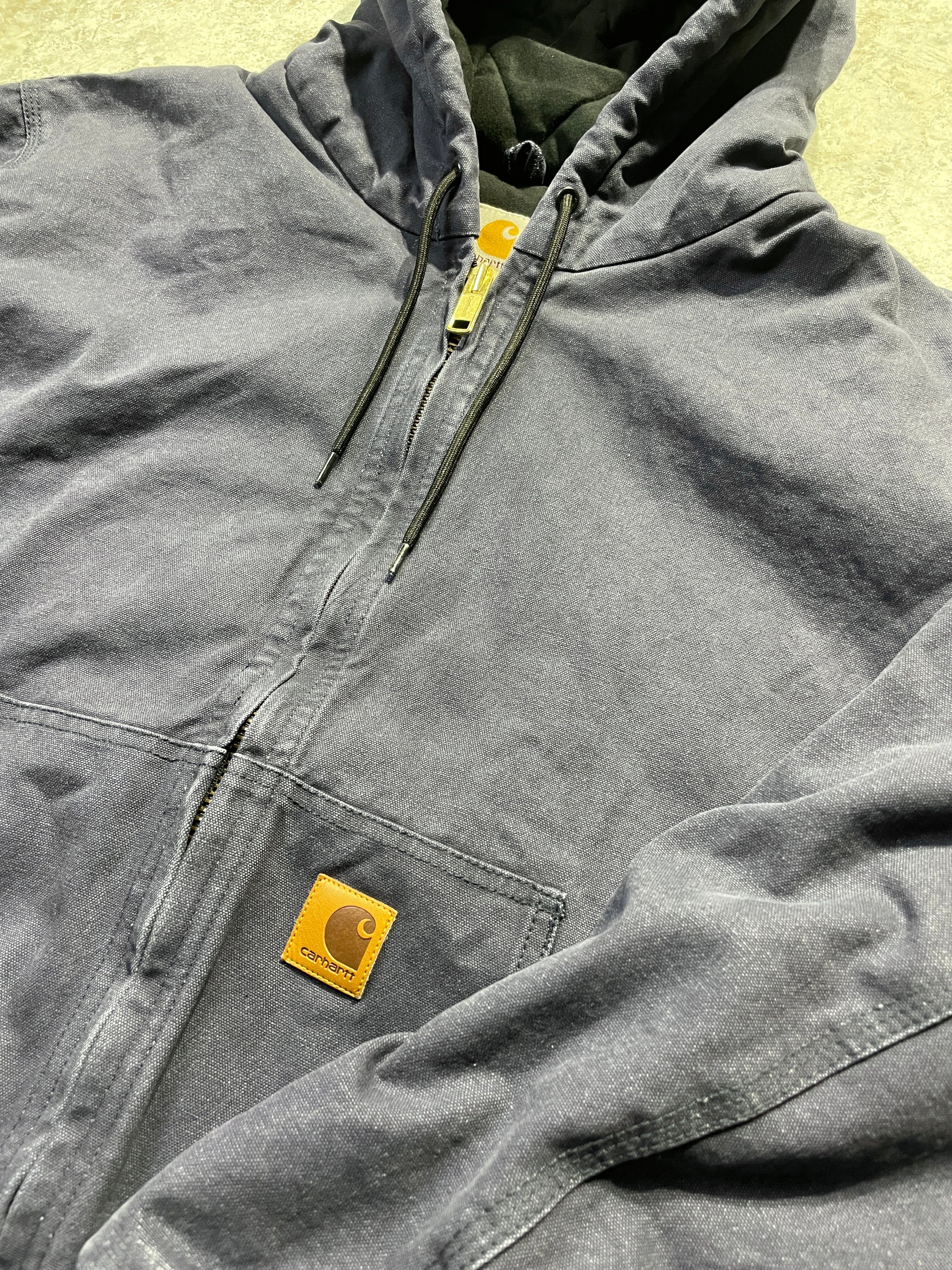 90s Dark Blue Carhartt Jacket with Hood (Large)