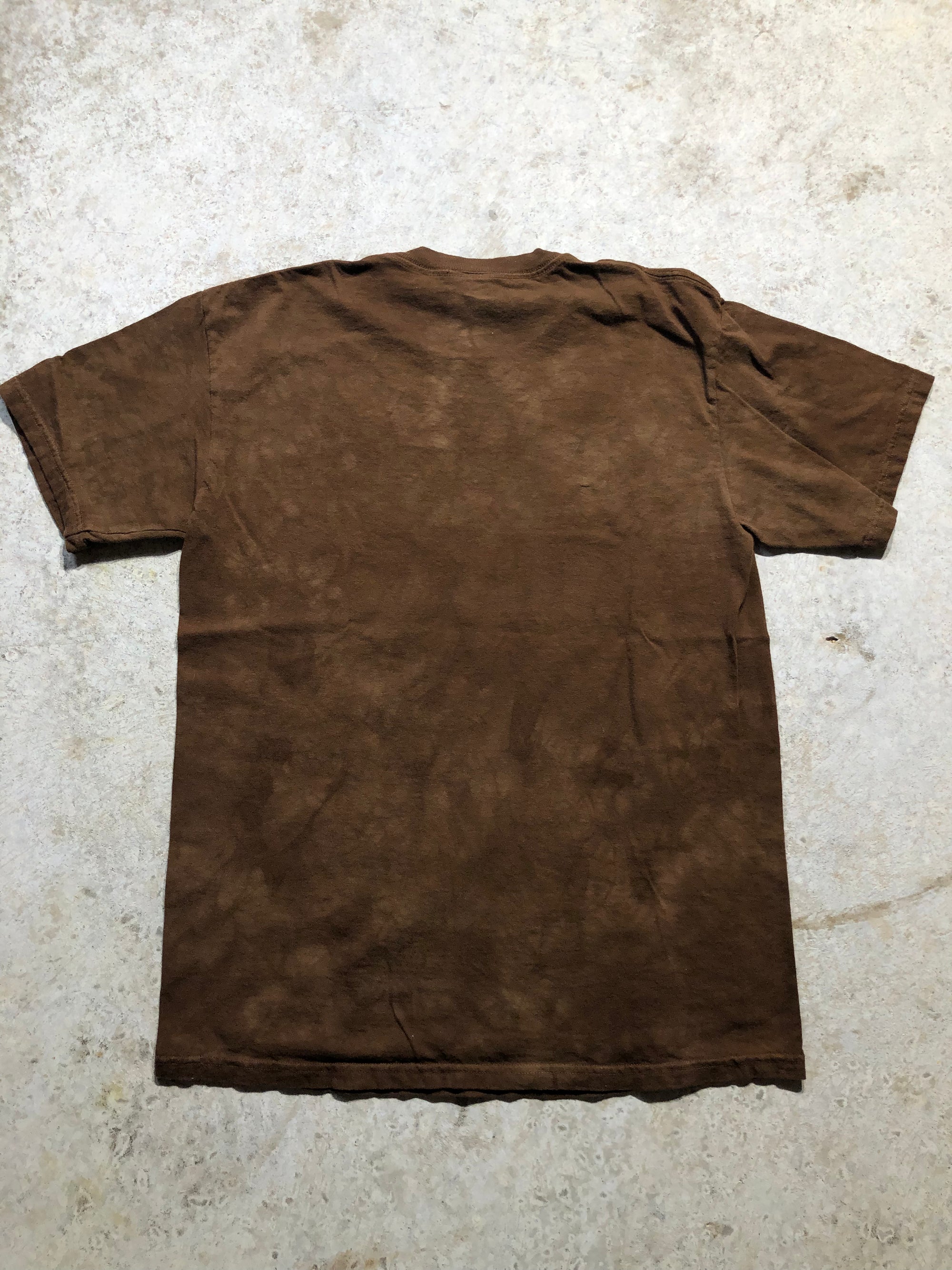 Back of a brown, medium, all-over print Super Bowl 50 Champions Broncos cotton tee.