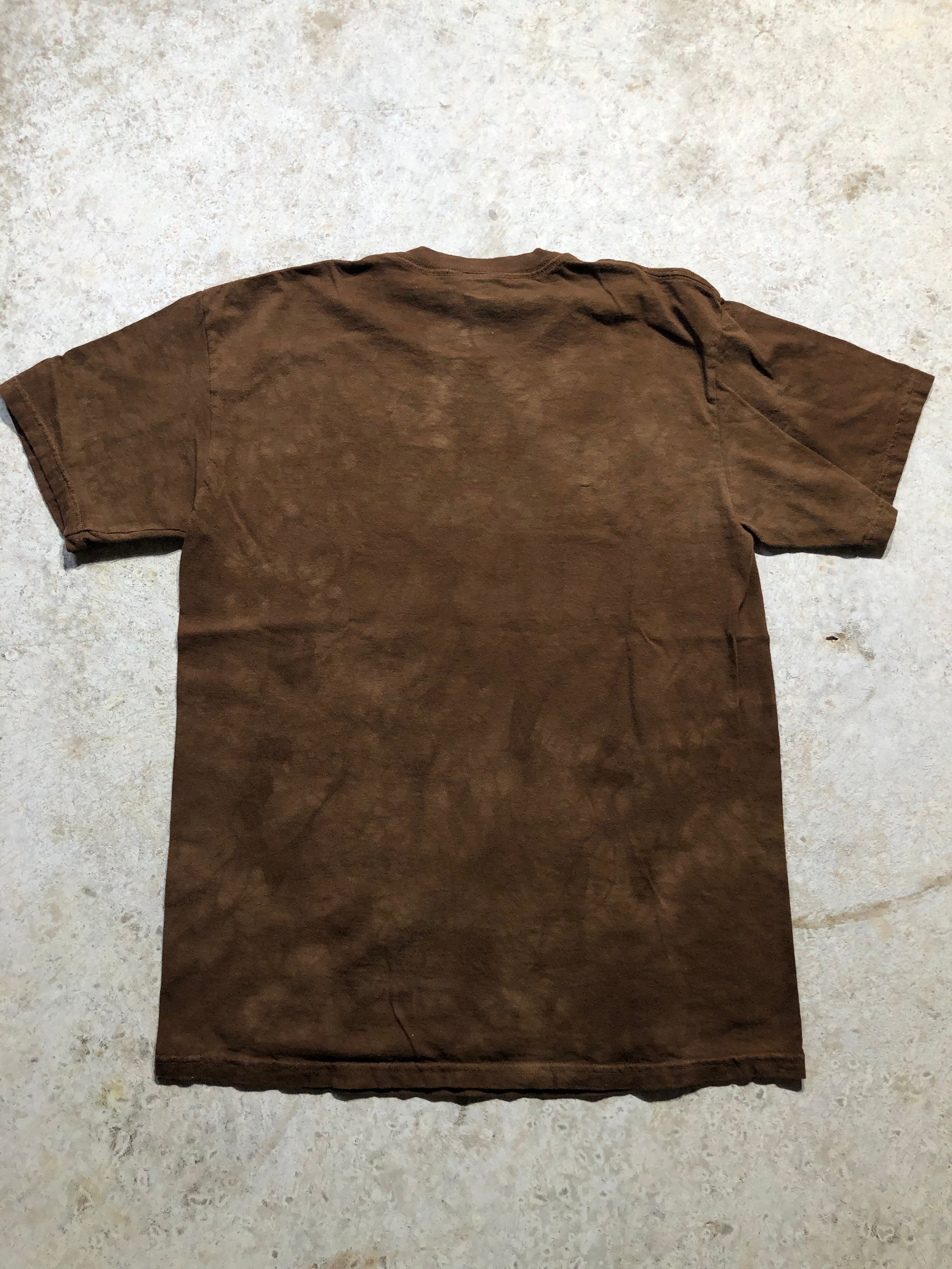 Back of a brown, medium, all-over print Super Bowl 50 Champions Broncos cotton tee.