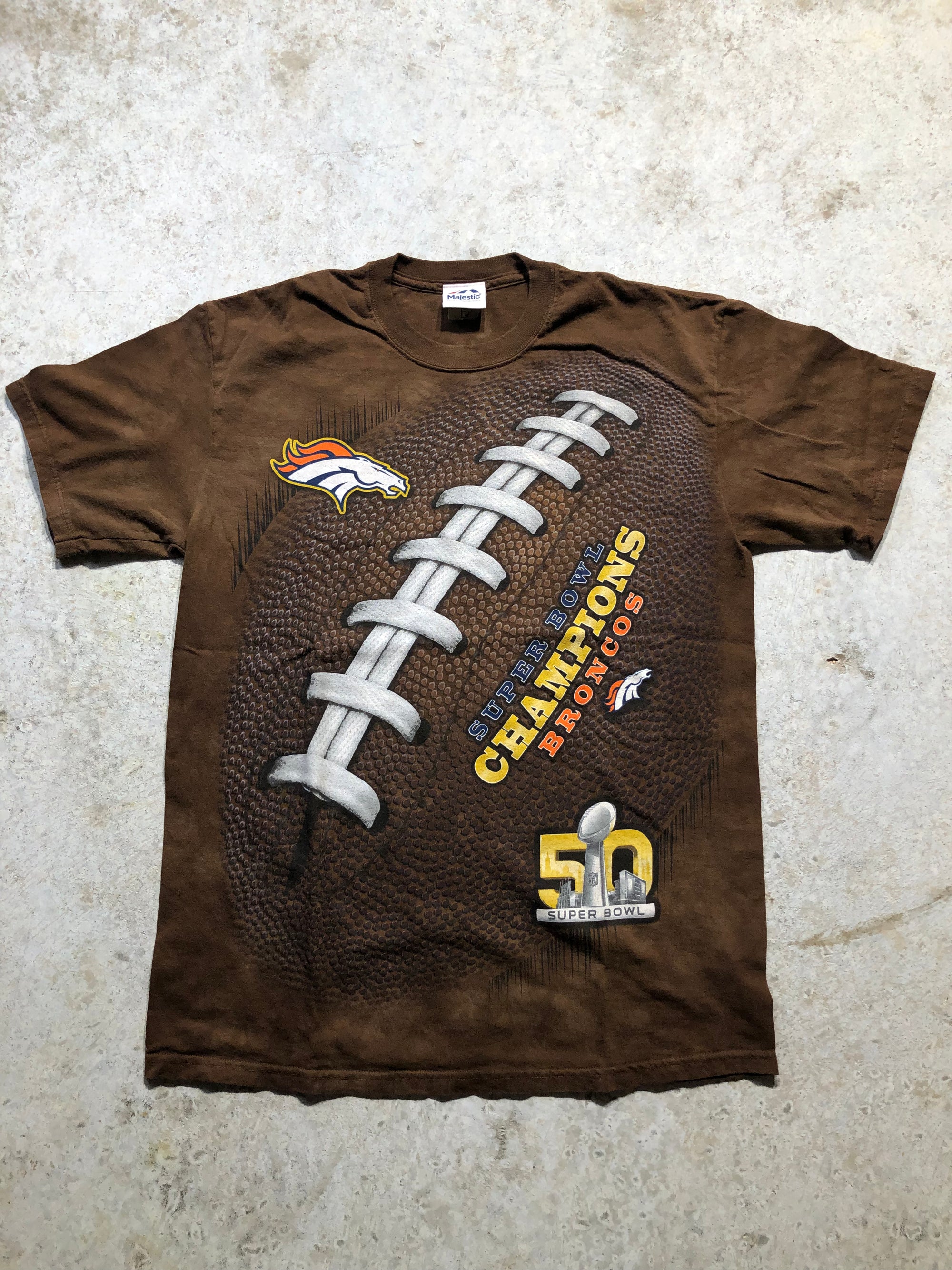 Brown Super Bowl 50 Champions Broncos all-over print tee, featuring a large football design.