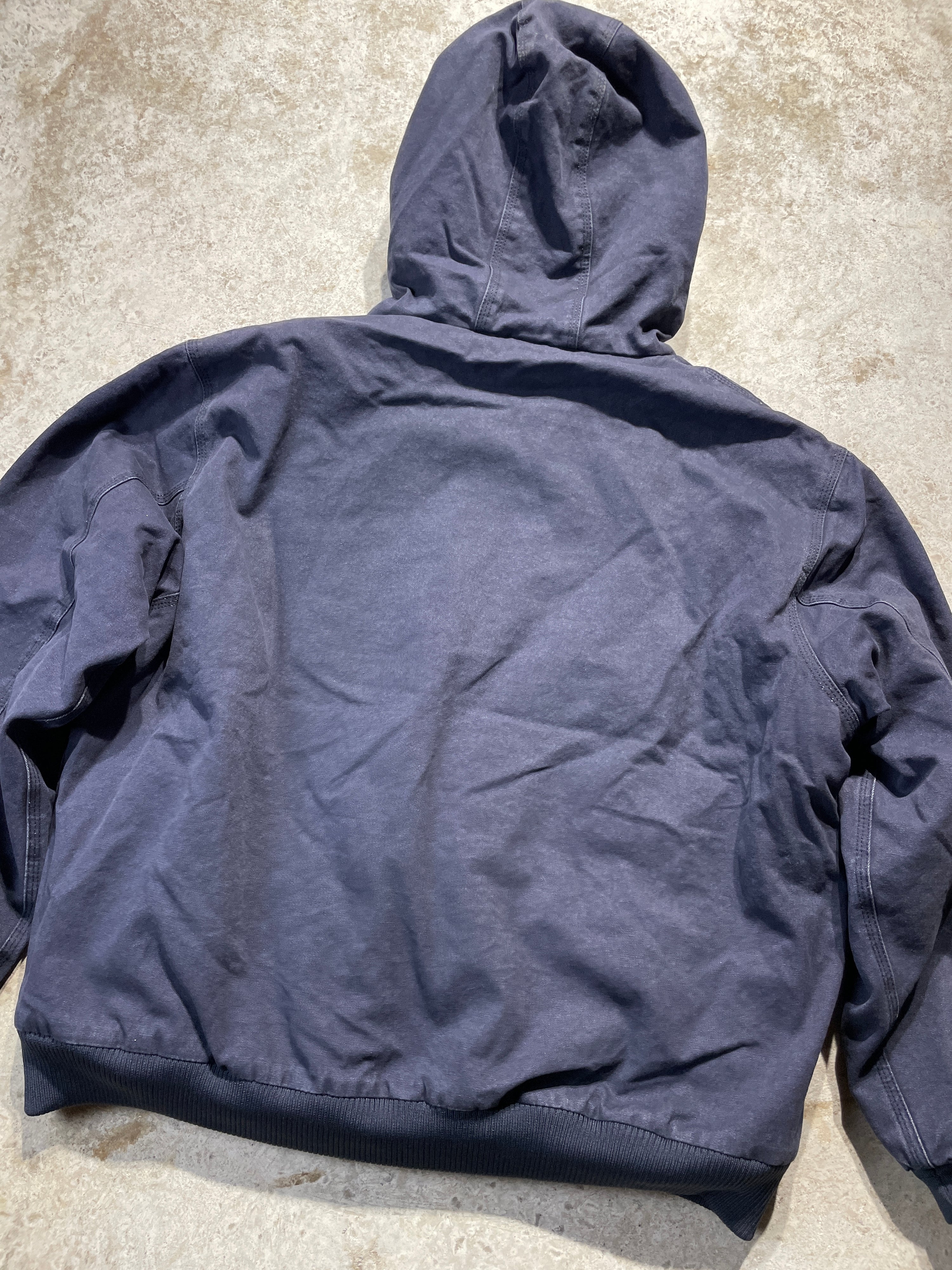 90s Dark Blue Carhartt Jacket with Hood (Large)