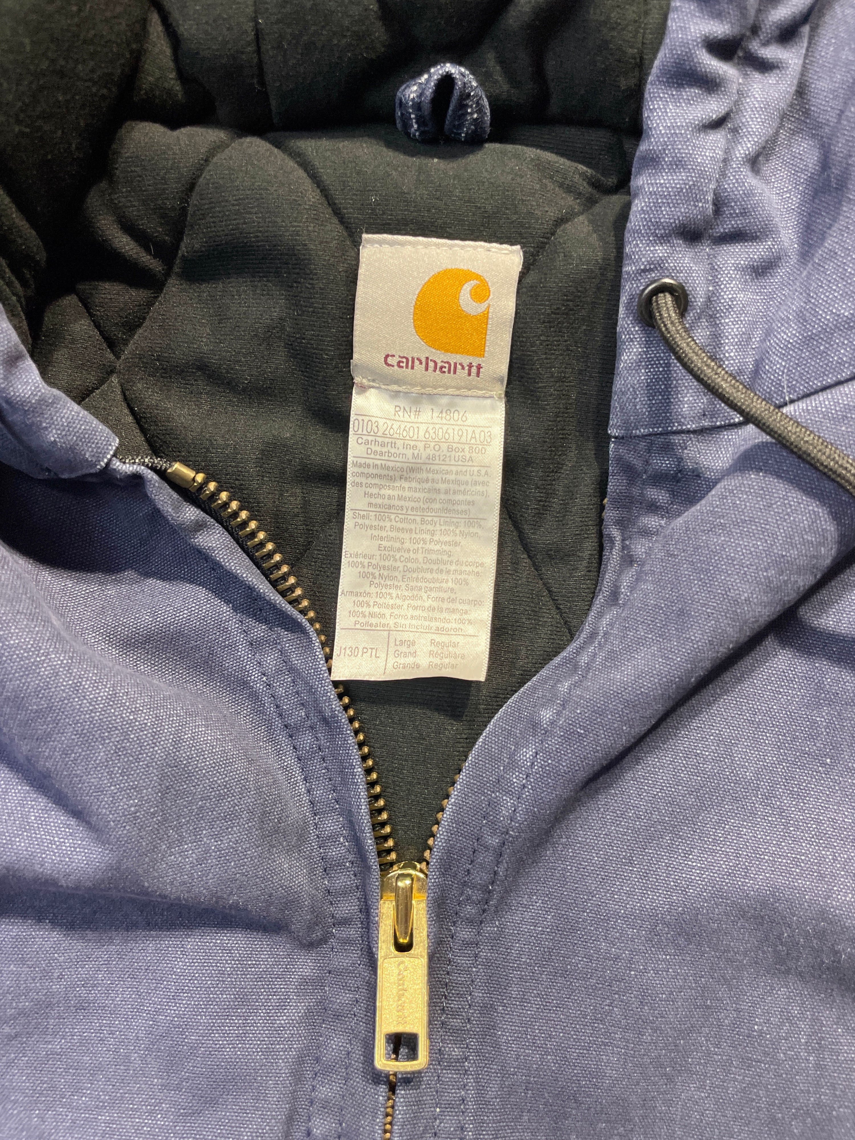 90s Dark Blue Carhartt Jacket with Hood (Large)