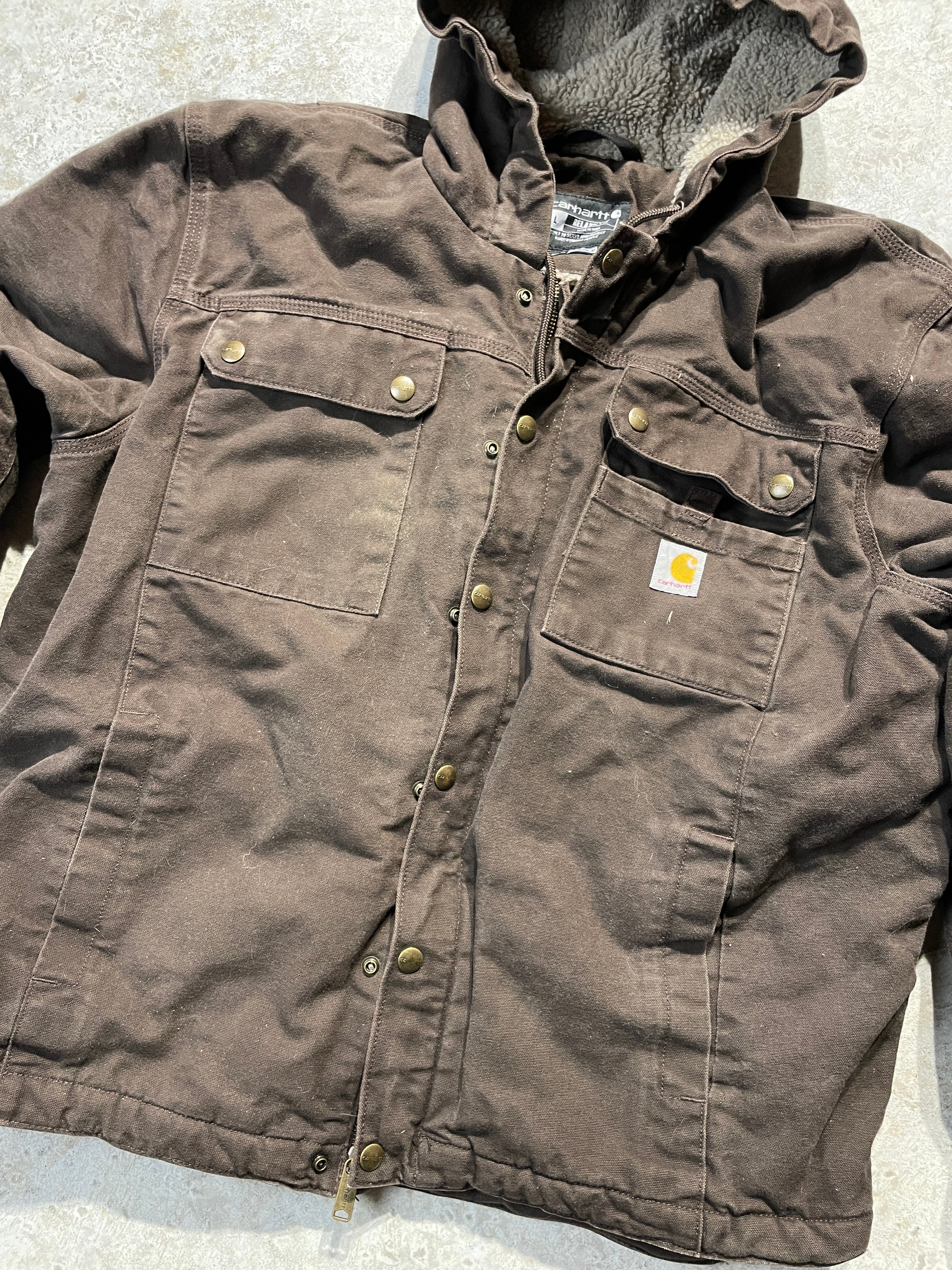 2000s Brown Sherpa Lined Carhartt Jacket with Hood (Large)