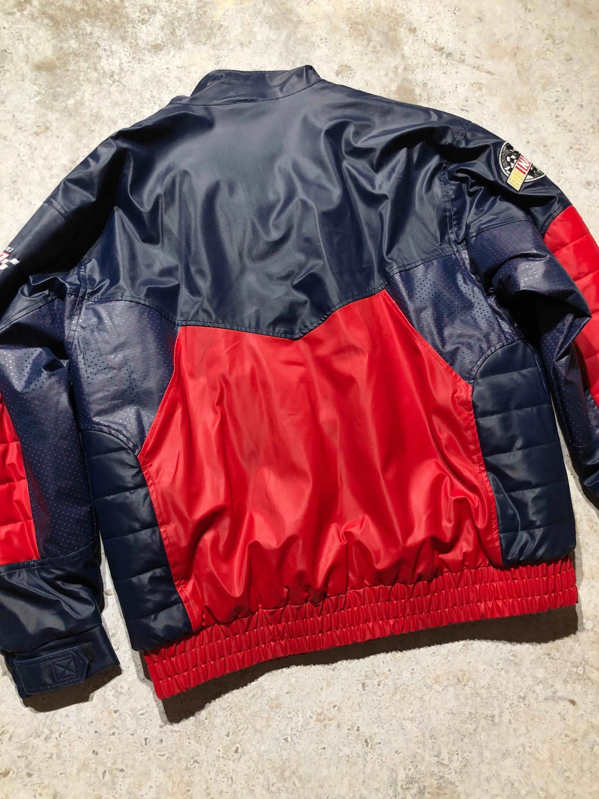 Vintage X-Large Nascar Ford Racing Jacket, navy blue and red with quilted and perforated details.