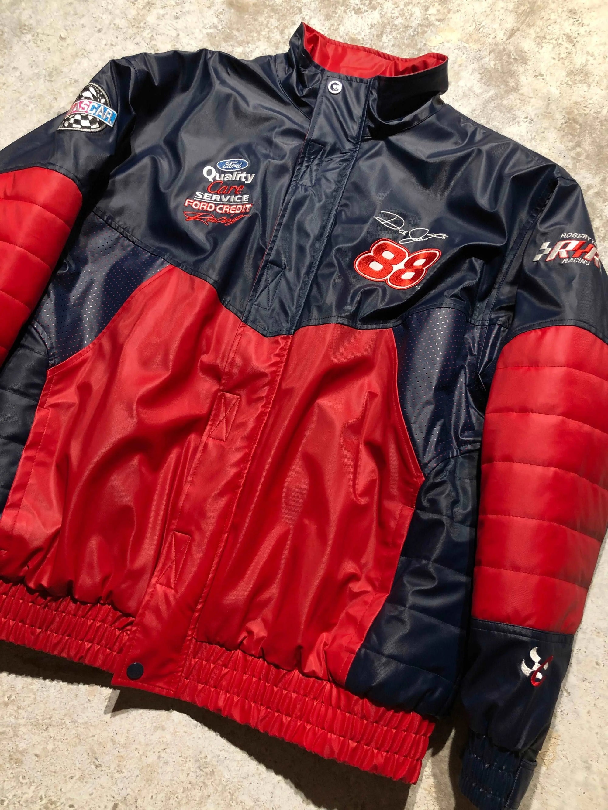 Vintage 2000 X-Large Nascar Ford Racing jacket, navy and red with "88" and sponsor logos.