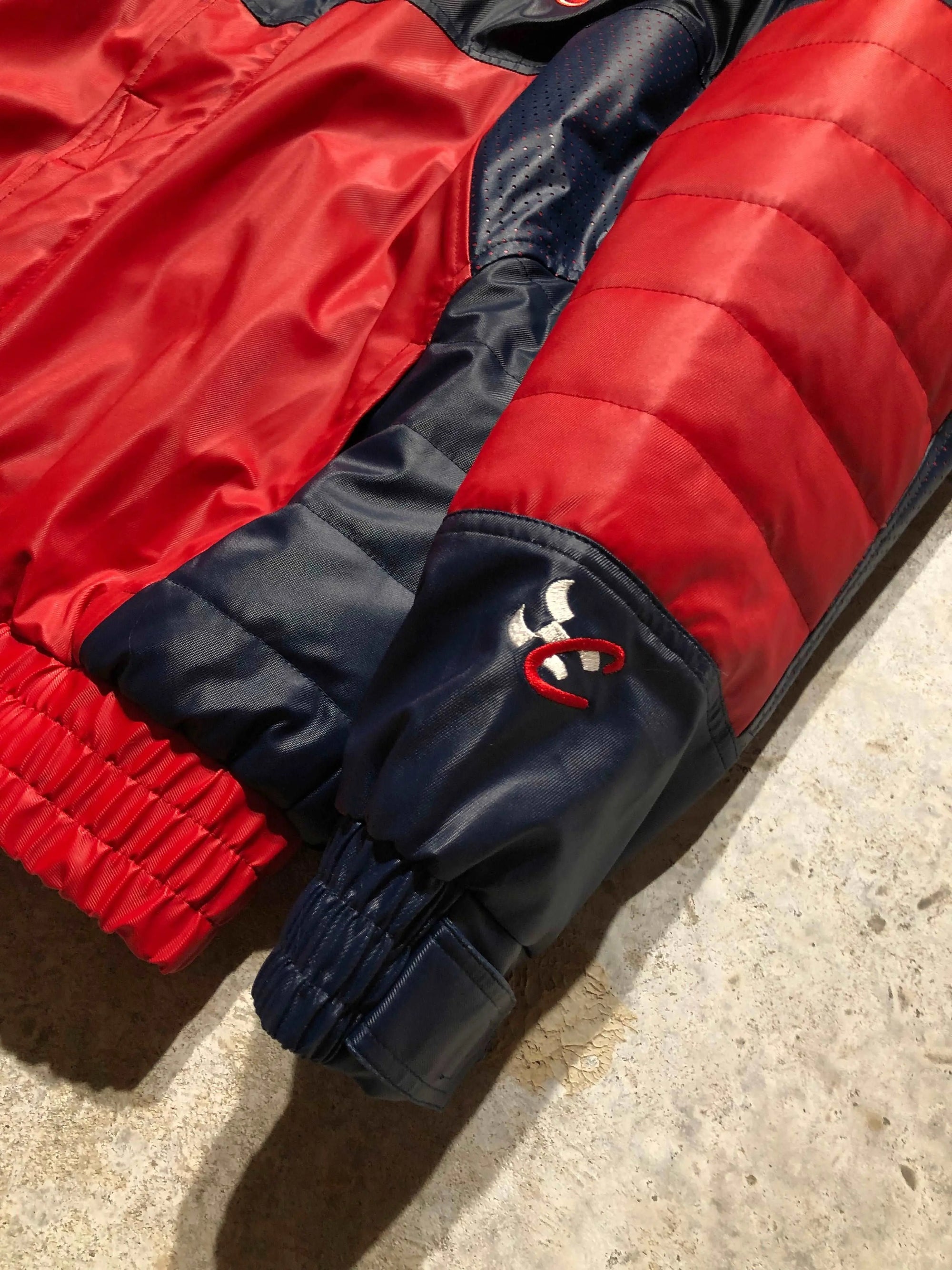 Vintage X-Large red and navy blue Nascar Ford Racing jacket with embroidered logo on sleeve.