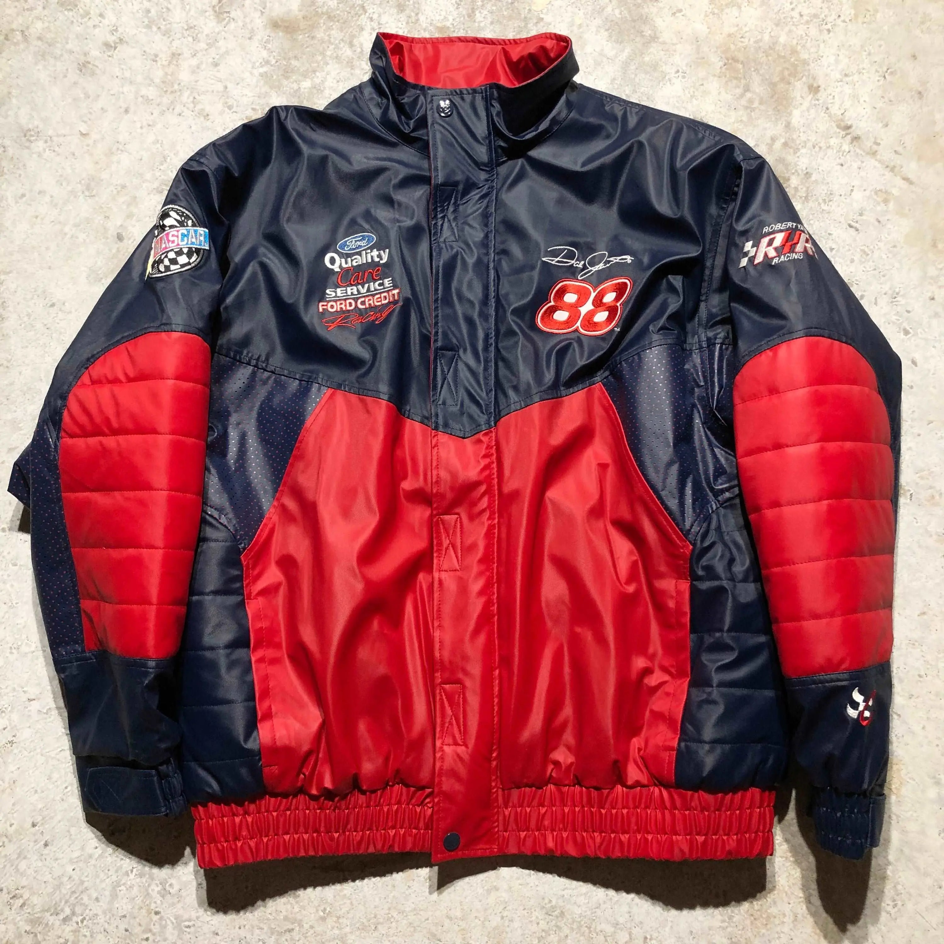 Vintage X-Large Nascar Ford Racing jacket, navy blue and red with Dale Earnhardt Jr. #88 logo.